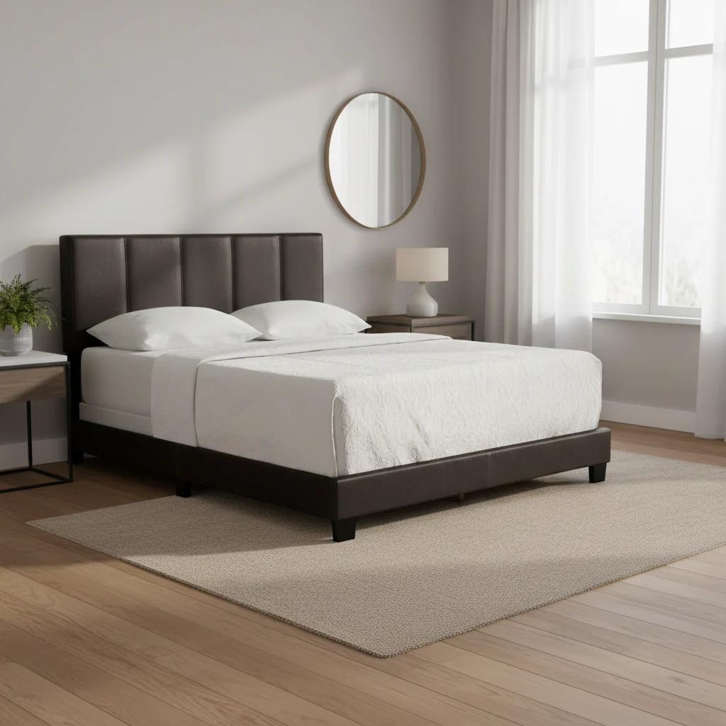 Black Brown Faux Leather Bed with Line Stitch Tufting