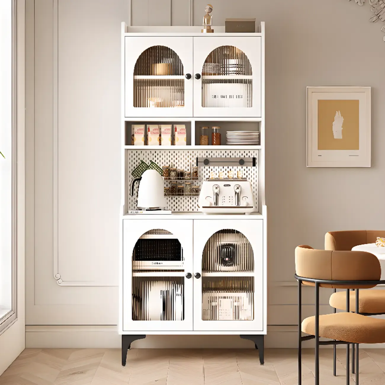 Kitchen Wooden Open Shelving Sideboard Arched Glass Door