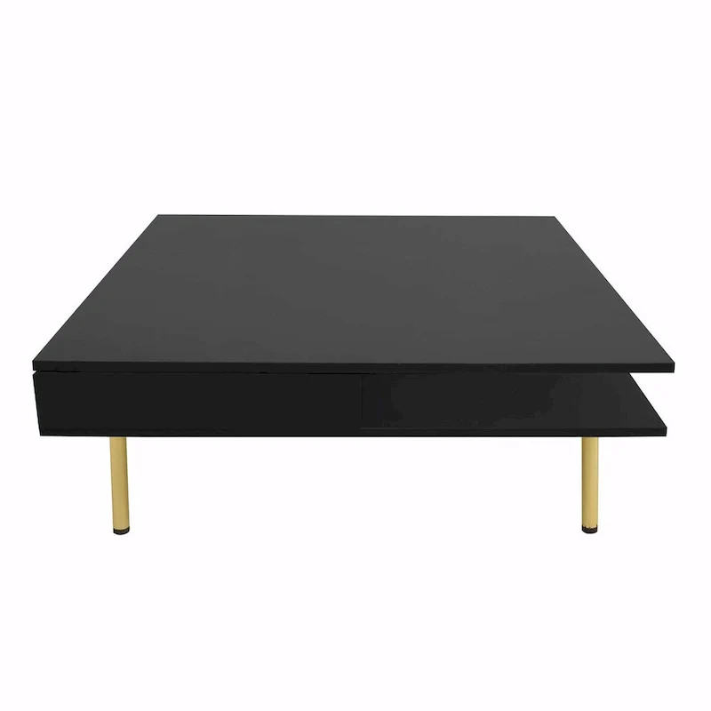 High Gloss Coffee Table: 4 Golden Legs, 2 Drawers, 2-Tier Square Design