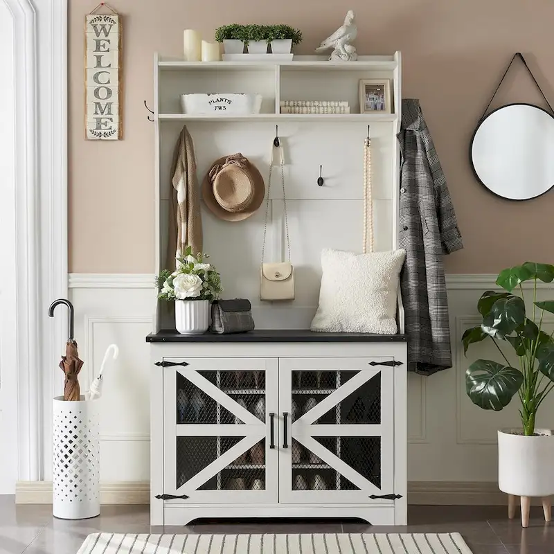 42  Wide Farmhouse Entryway Bench with Coat Rack, Mudroom Cabinet