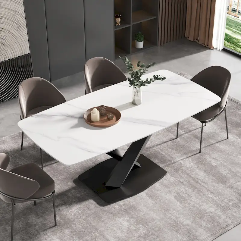 71  Modern Dining Table with Slate Stone Top and Metal Legs, Marble Dining Table