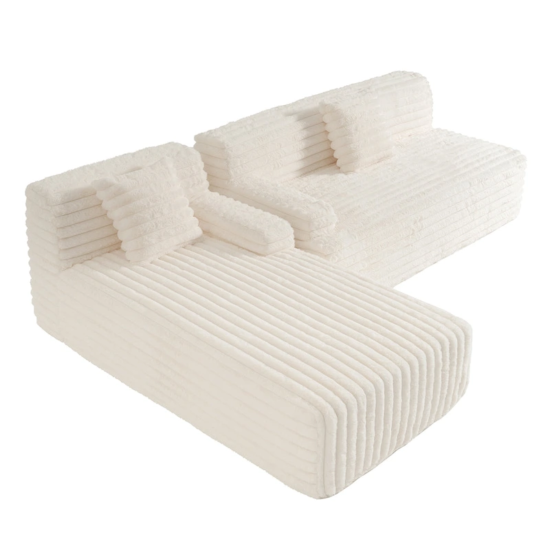 110 Faux Fur Cloud 3-Seater sat L-Shaped Sectional Sofa with Two Included Throw Pillows