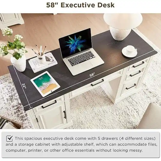 58  Large Computer Desk with Drawers, Embossed Texture Office Desk