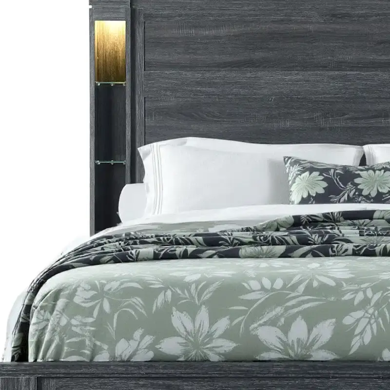 HomeRoots Dark Gray Distressed Wood Lighted King Bed Frame