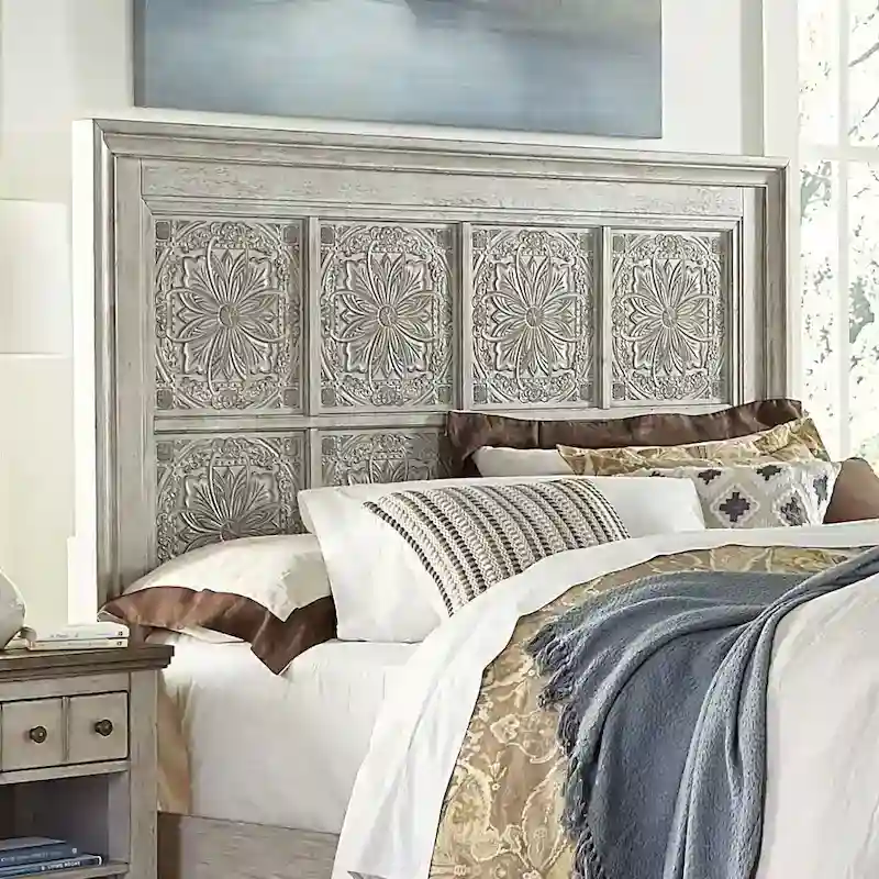 King Decorative Panel Headboard, Antique White, Solid Wood