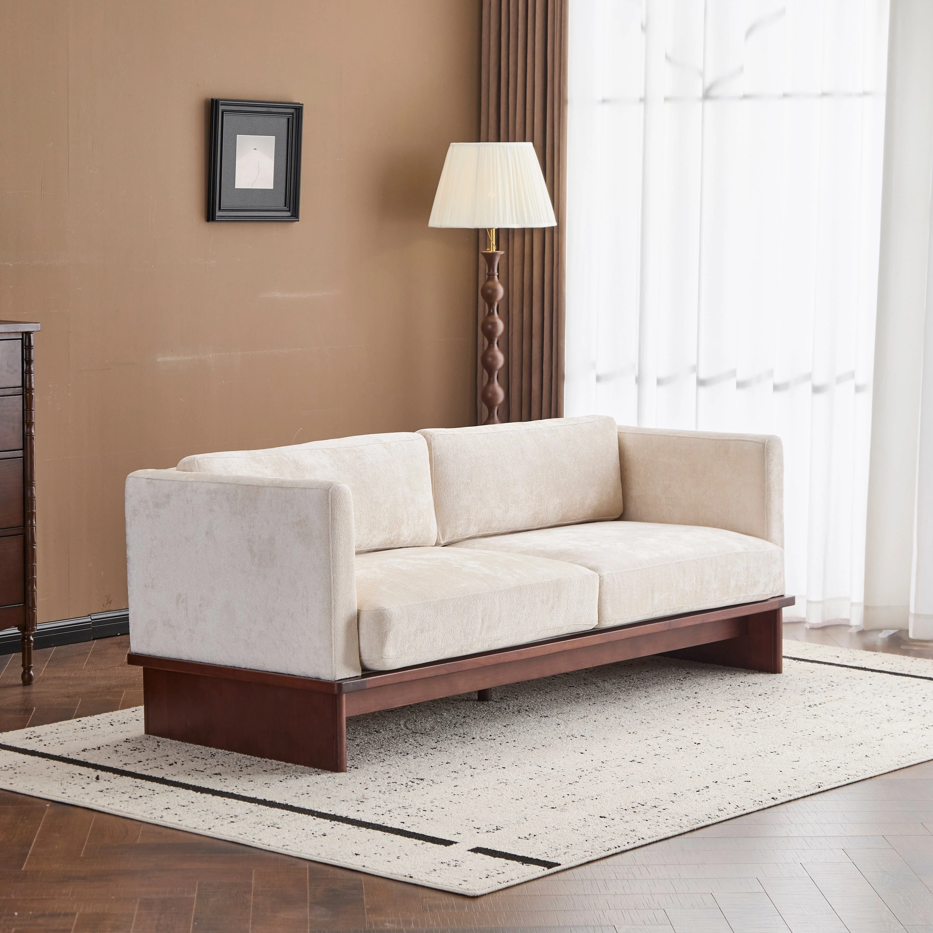 Mid Century Boucle Sofa with Solid Wood Base