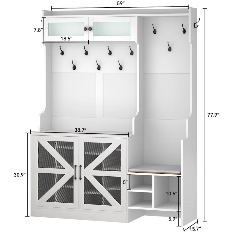 Moasis 77.9 Farmhouse Hall Tree Entryway Bench - 59 Lx 15.7W x 77.9H