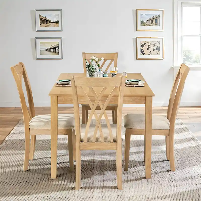 Wooden Rectangle Dining Room Table Set of 5, Kitchen Set with Dining Table and 4 Cross Backrest Chairs for 4-6 Persons