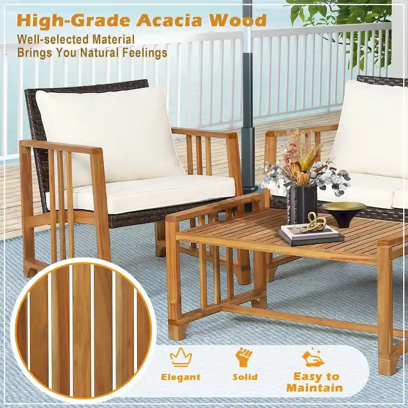 Costway 4PCS Patio Mix Brown Wicker Sofa Set Acacia Wood Frame with - See Details