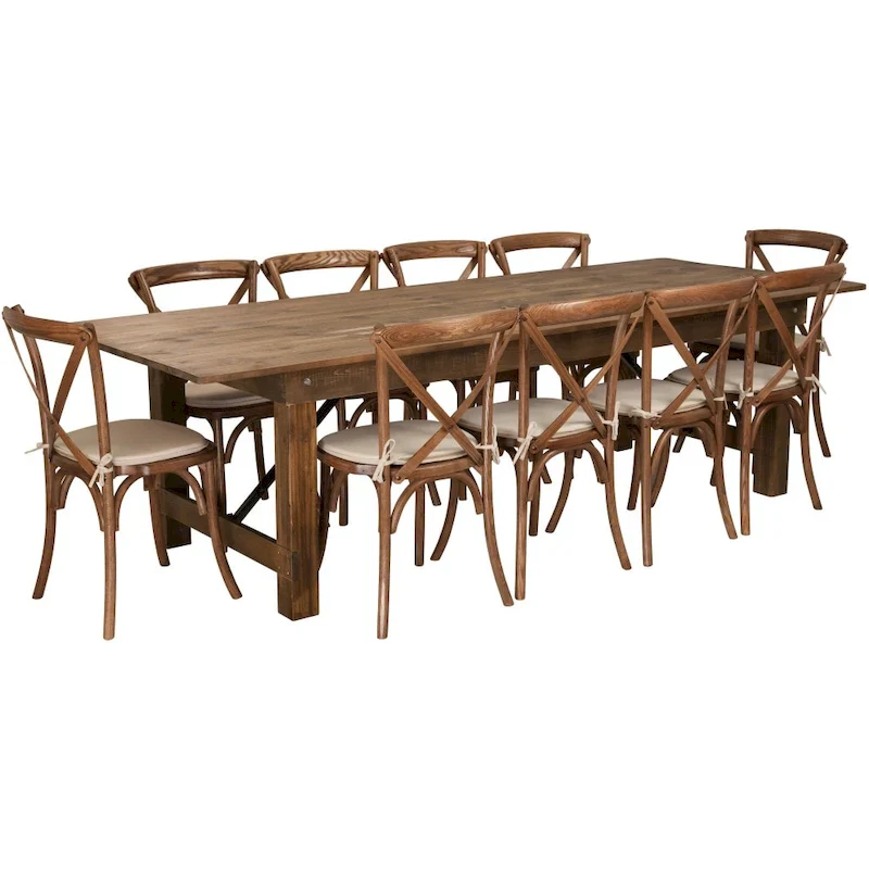 9' x 40 Rustic Folding Farm Table Set with 10 Cross Back Chairs and Cushions