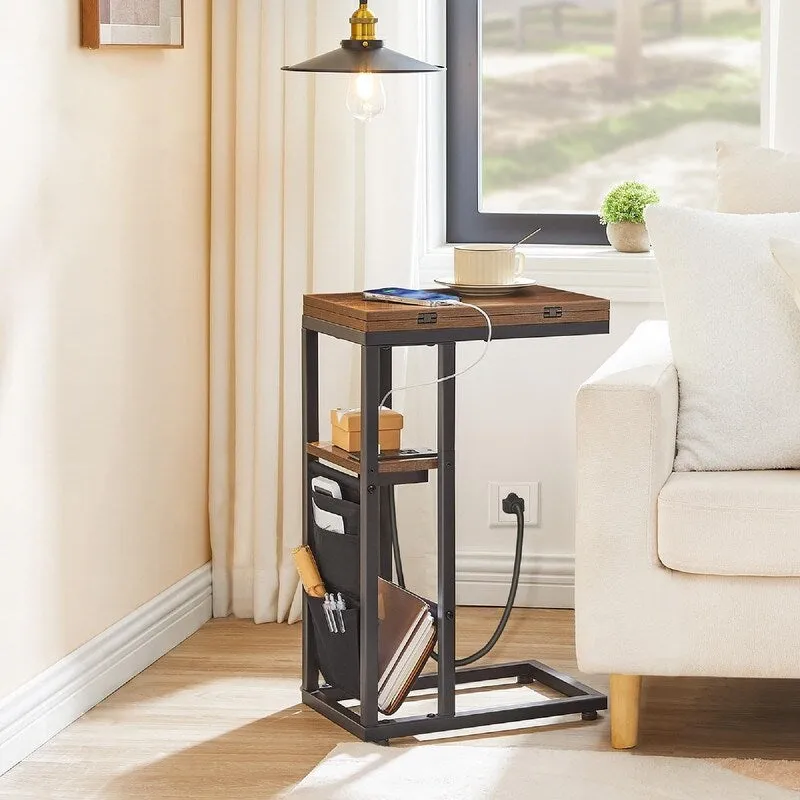 C-Shaped Side Table with Charging Station, Rustic Brown + Black, for 1 Person