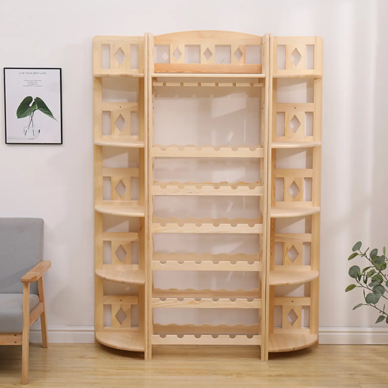 Free Standing Pine Wood Wine Racks with Bar Glass Holder Shelf