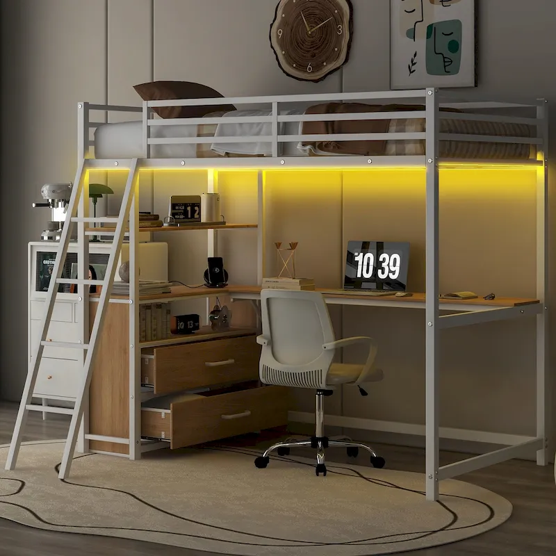 Twin Size Metal Wood Loft Bed with Desk, Shelves, LED Light, and USB Charging