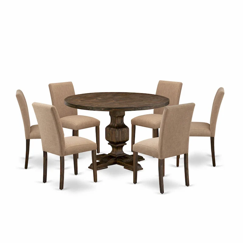 Dining Table Set- a Round Kitchen Table and Light Sable Parsons Chairs, Distressed Jacobean (Pieces Option)