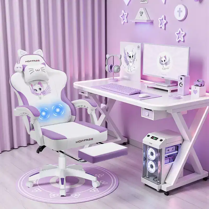 Hoffree Cute Pink Gaming Chair Girls Ergonomic Desk Chair with Footrest & Massage Lumbar