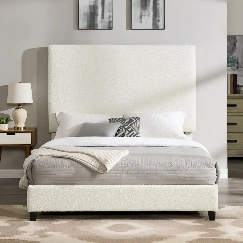 Bridgevine Home Tall White Boucle Panel Headboard Upholstered Platform Bed