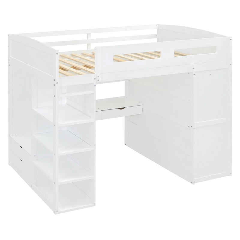 Merax Loft Bed with Desk, Wardrobes, 4 Drawers and 4 Shelves