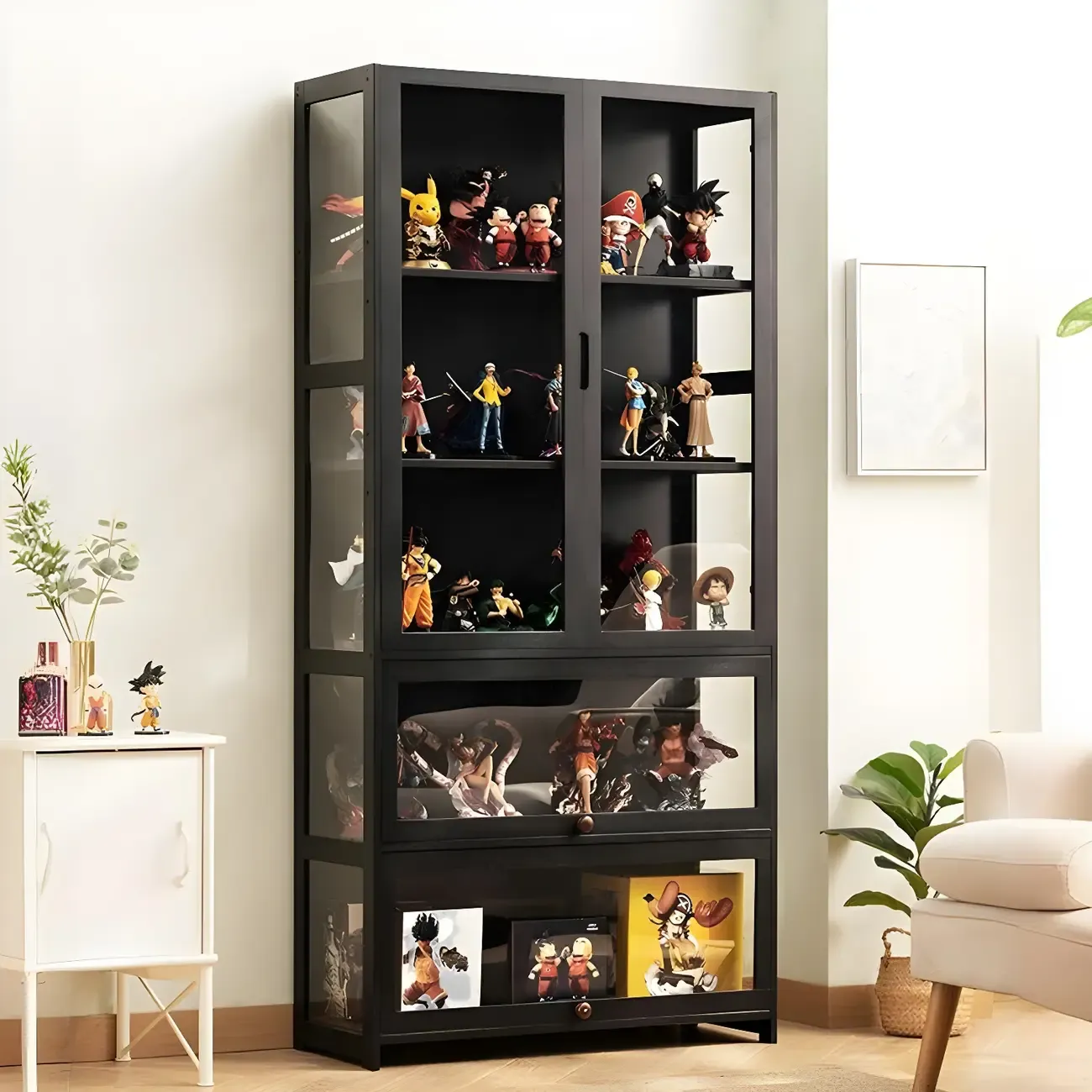 Modern Black Bamboo Adjustable Shelves Glass Display Cabinet