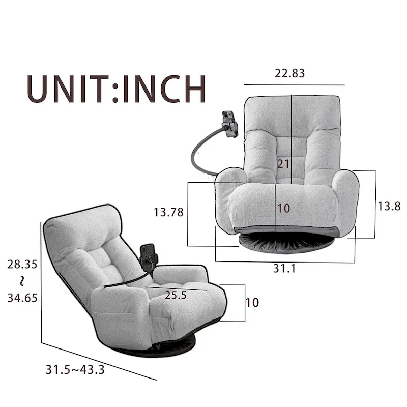 Gray Swivel Recliner with Phone Holder, Adjustable Headrest