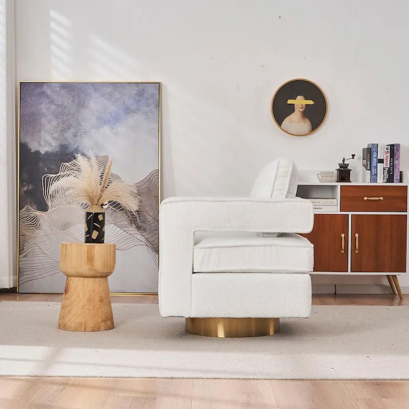 Modern Upholstered Swivel Accent Chair with Hollow-back & Golden Base