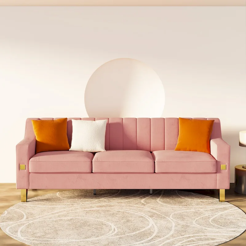 Luxury pink Velvet Sofa with Gold Accents - Modern 3-Seat Couch with Plush Cushions