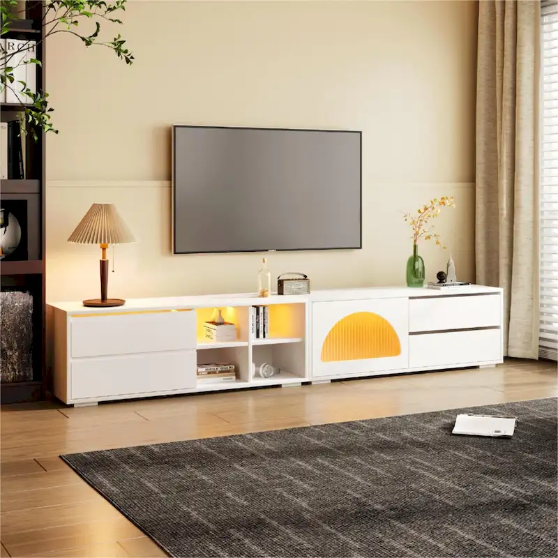 Modern TV Stand with Fluted Glass Door for TVs Up to 100, Media Console with Sliding Door & 2 Drawers