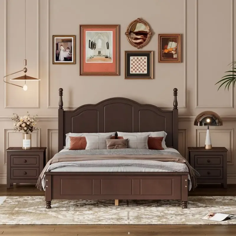 3PCS Retro Design Queen/Full Size Wood Platform Bed Set with 2 Nightstands