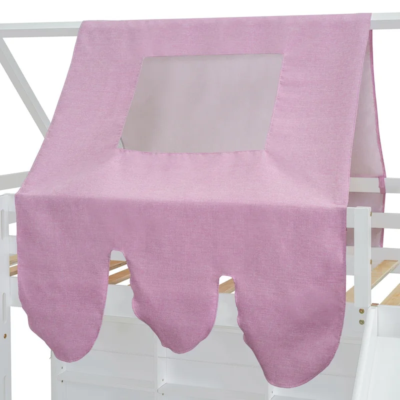 Twin Loft Bed with Play Tent and House Design, 250lb Capacity, Slide & Ladder