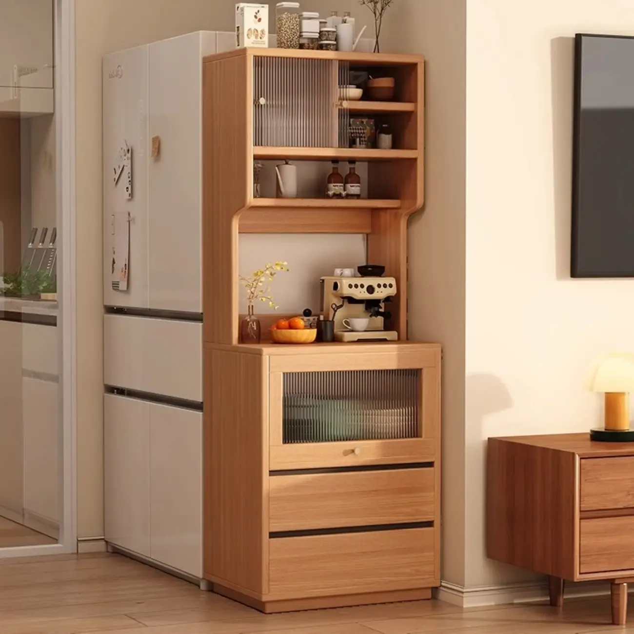 Modern Slab Wood Narrow Sideboard with Sliding Doors