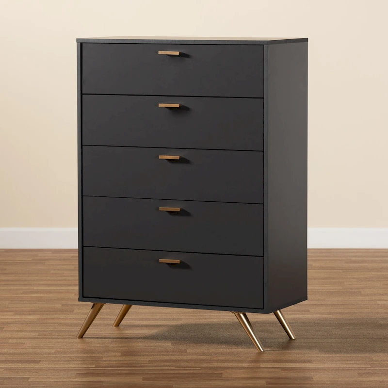 Kelson Modern Dark Grey and Gold Finished Wood 5-Drawer Chest