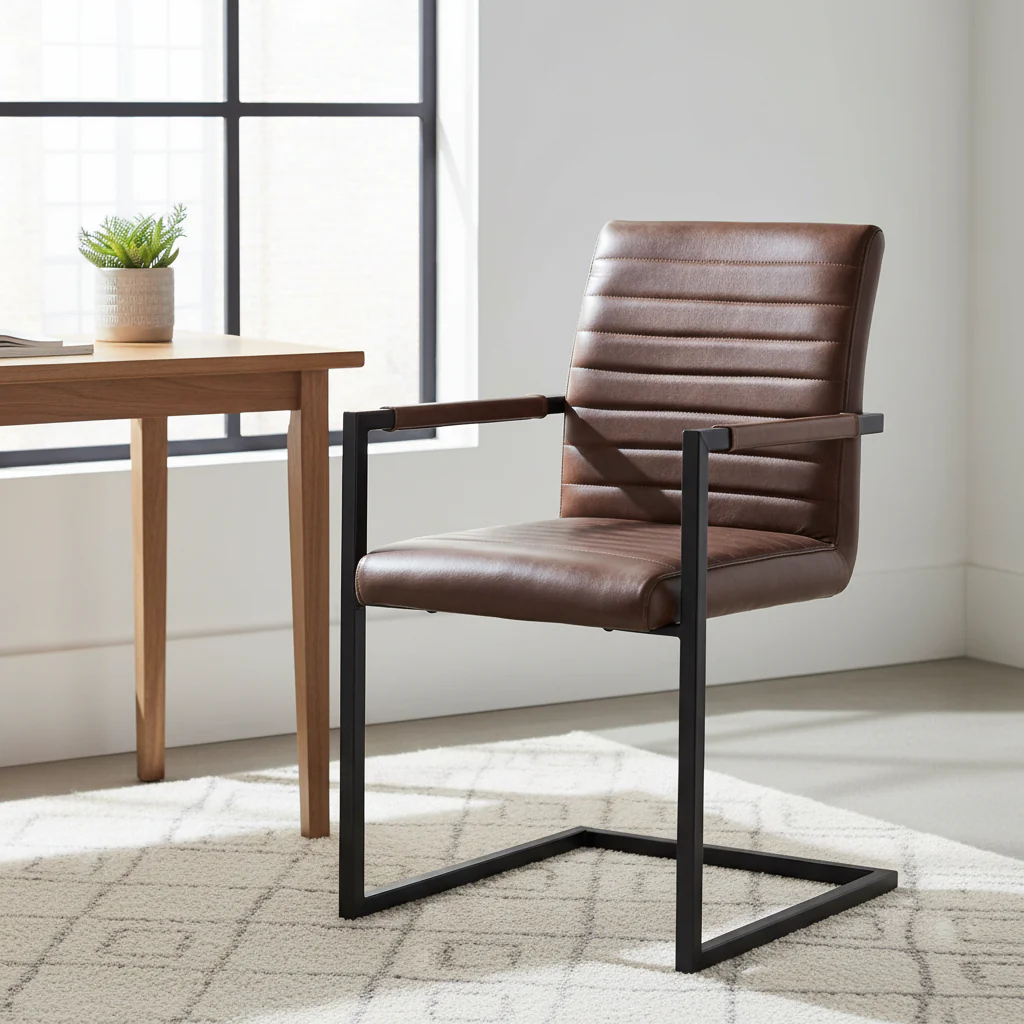 Genuine Full Grain Leather and Steel Modern Dining Arm Chair