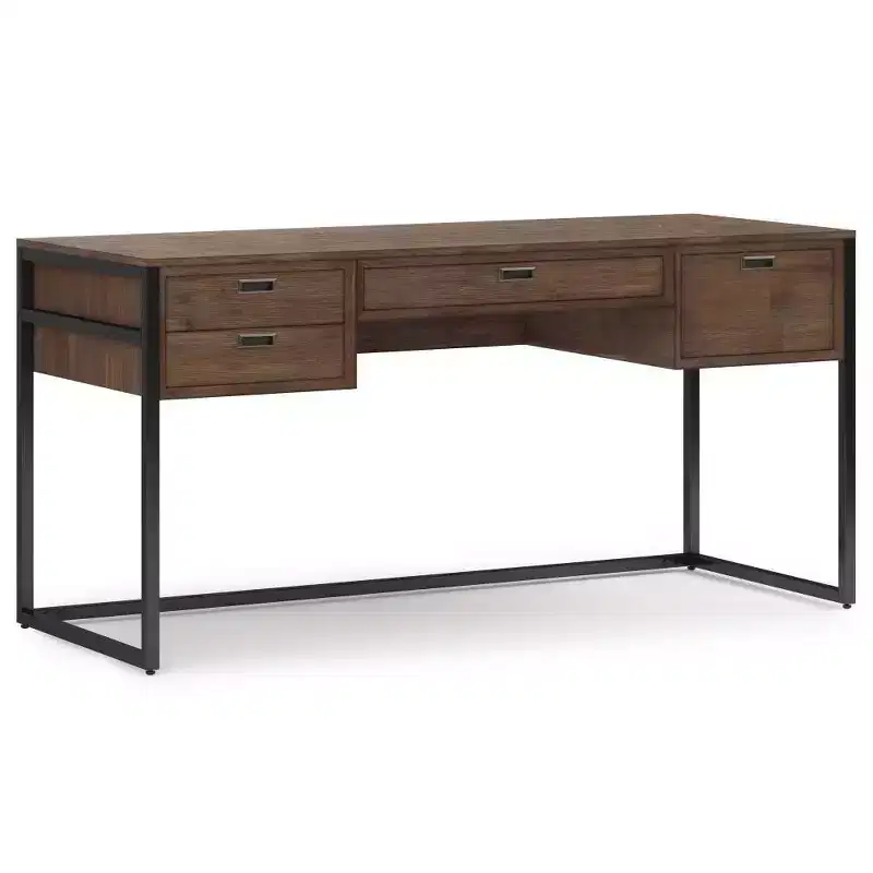 Brandt Desk Rustic Natural Aged Brown: Office Furniture with Bronze Hardware, Plywood & Metal Frame