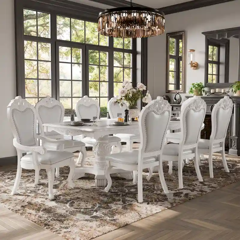 Furniture of America Eugene Traditional Solid Wood 9-Piece Expandable Dining Table Set