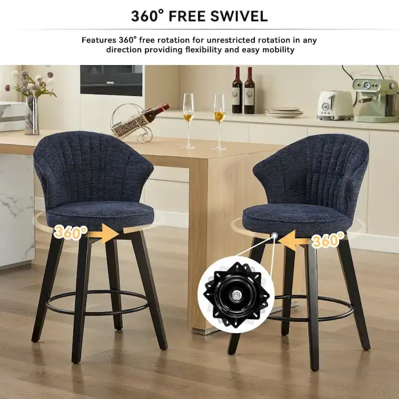 Swivel Bar Stools Set of 2, Upholstered Dining Room Chairs with Wide Backrest, Counter Height Chair with Metal Legs