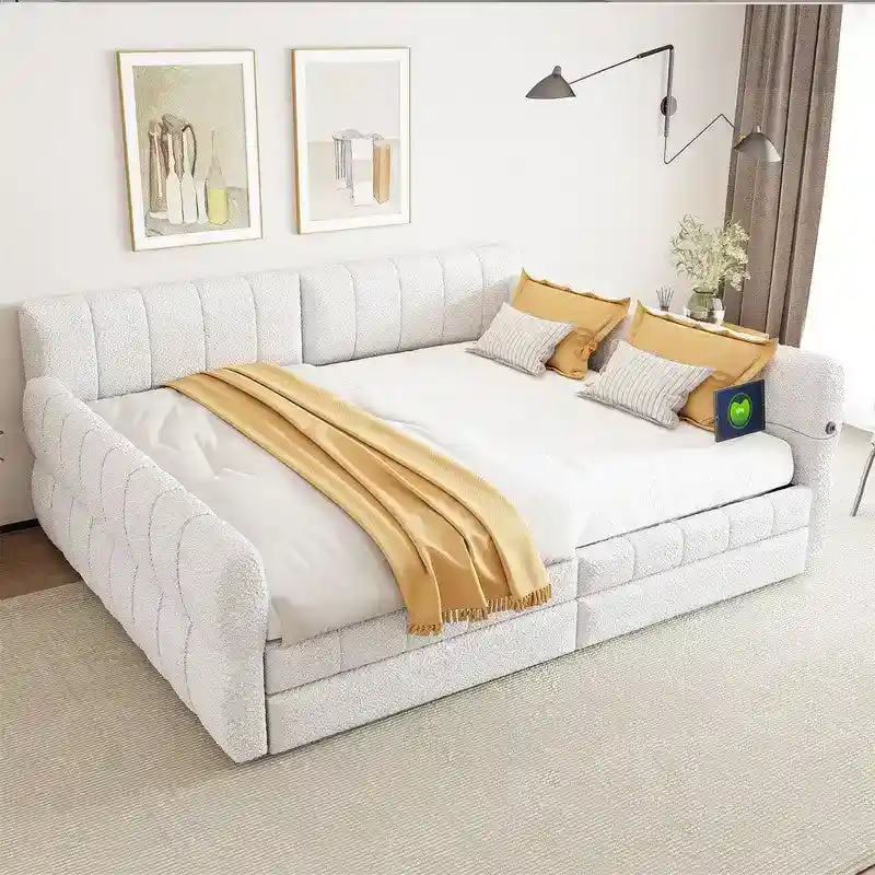 Queen Size Upholstered Daybed with 2 Storage Drawers, Modern Daybed Frame Sofa Bed with USB Port and Armrest
