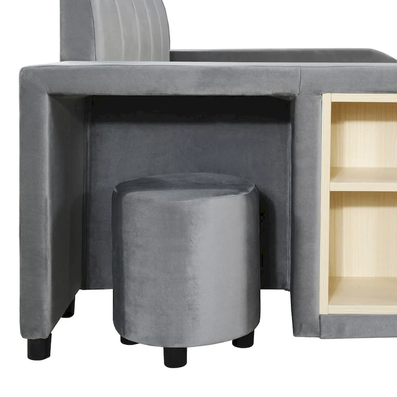 Upholstered Grounded Bed Mother & Child Bed with Bedside Desk and Little Round Stool