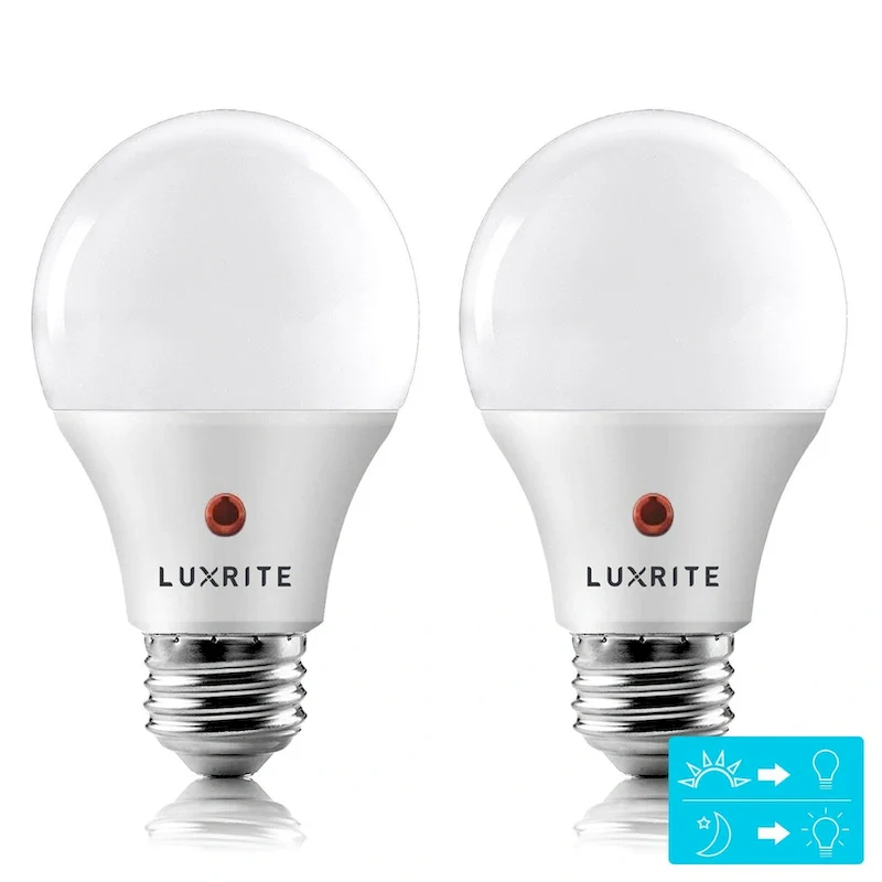 Luxrite A19 LED Dusk to Dawn Light Bulbs Lighting Enclosed Fixture Rated 800lm Damp Rated E26 2 Pack