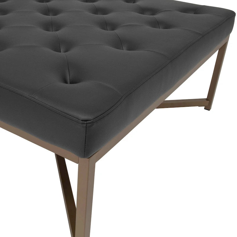 Metal and Tufted Leather Large Cocktail Ottoman