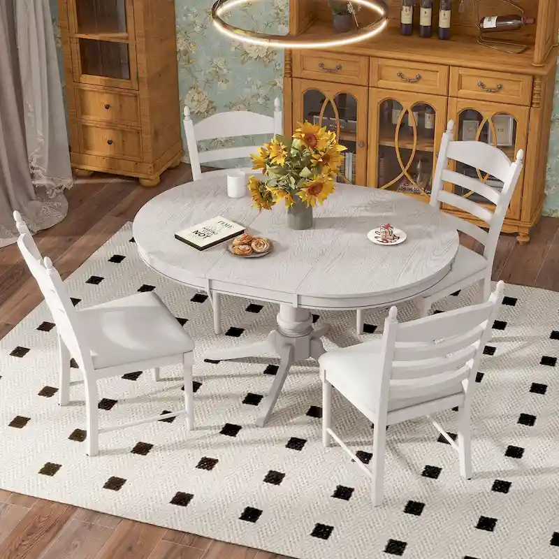 5 Piece Round Dining Table Set, Solid Wood Kitchen Table and Chair Set with Extendable Table and 4 Upholstered Chairs