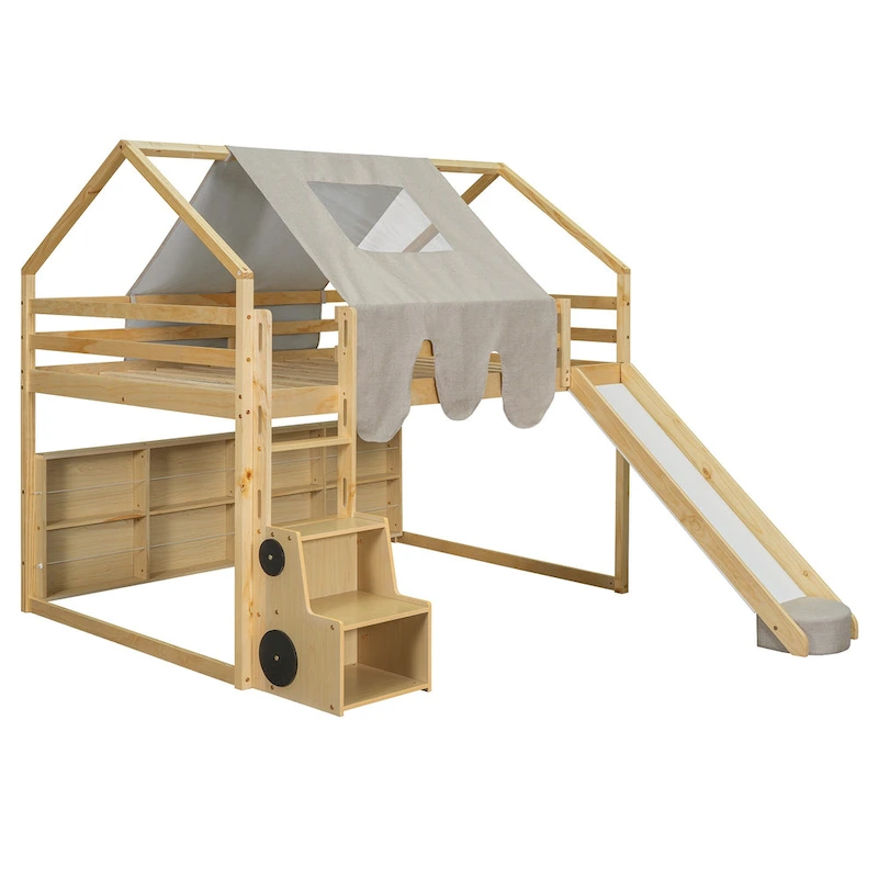 Full Loft Bed with Play Tent, House Design, Slide & Ladder