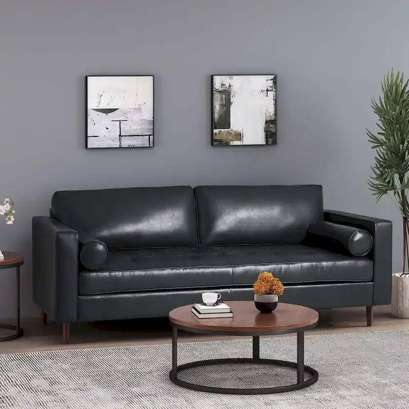 Modern 82.25 Faux Leather 3-Seater Sofa with Wood Legs