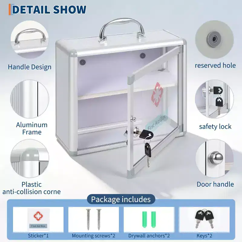 Wall Mount Medicine Cabinet with Combination Lock and Handle Locking,Protable First Aid Cabinet Wall Mount with Sticker