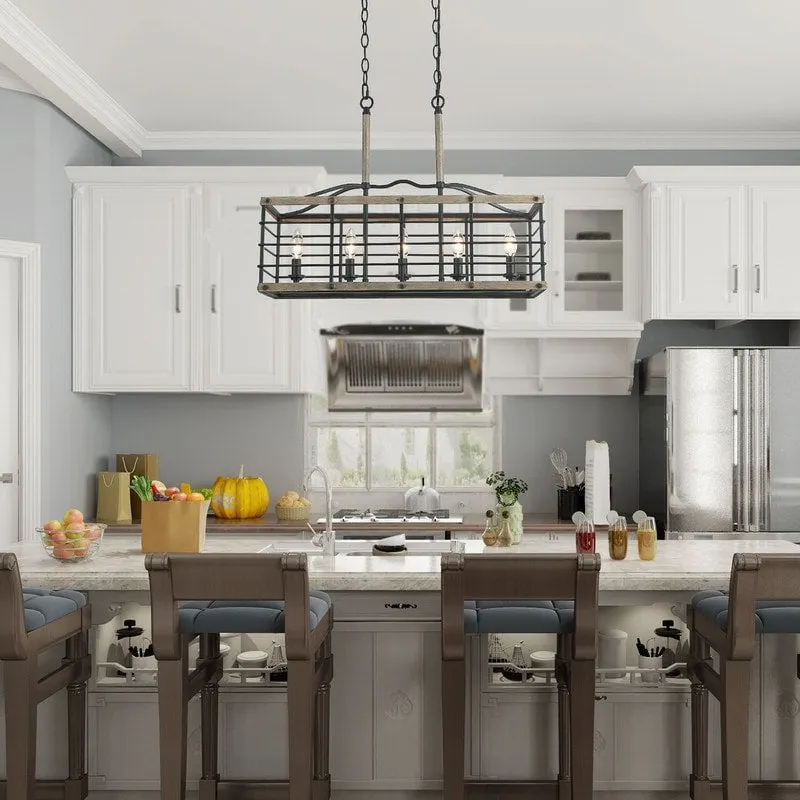 Farmhouse 5-Light Wood Grain Chandelier Kitchen Island Lights - L26 XW10.2 XH19.7