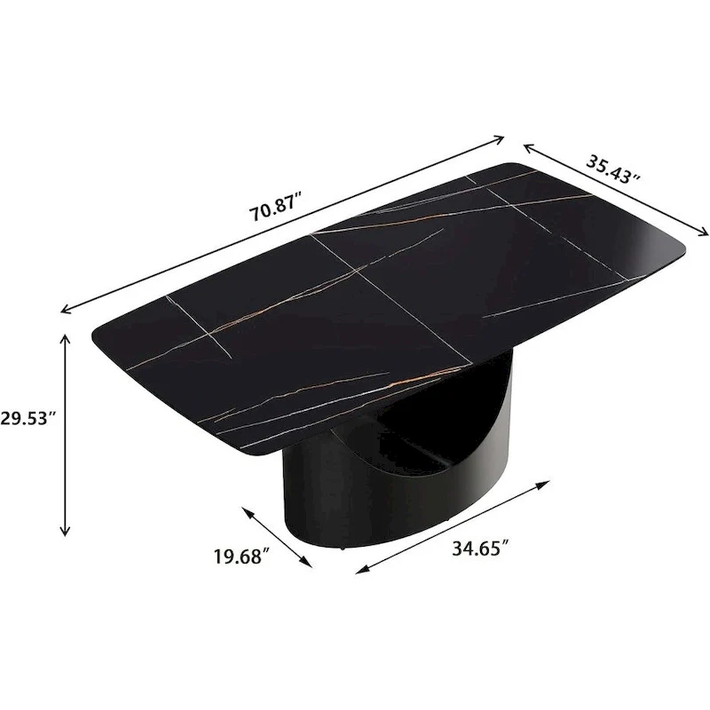 71 Black Marble Sintered Stone Table Top,Rectangle Dining Room Table with Unique U-Shape Black Carbon Steel Pedestal
