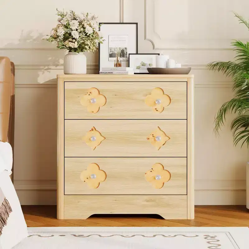 Natural/White 3-Drawer Bedroom Dresser with Storage Cabinet