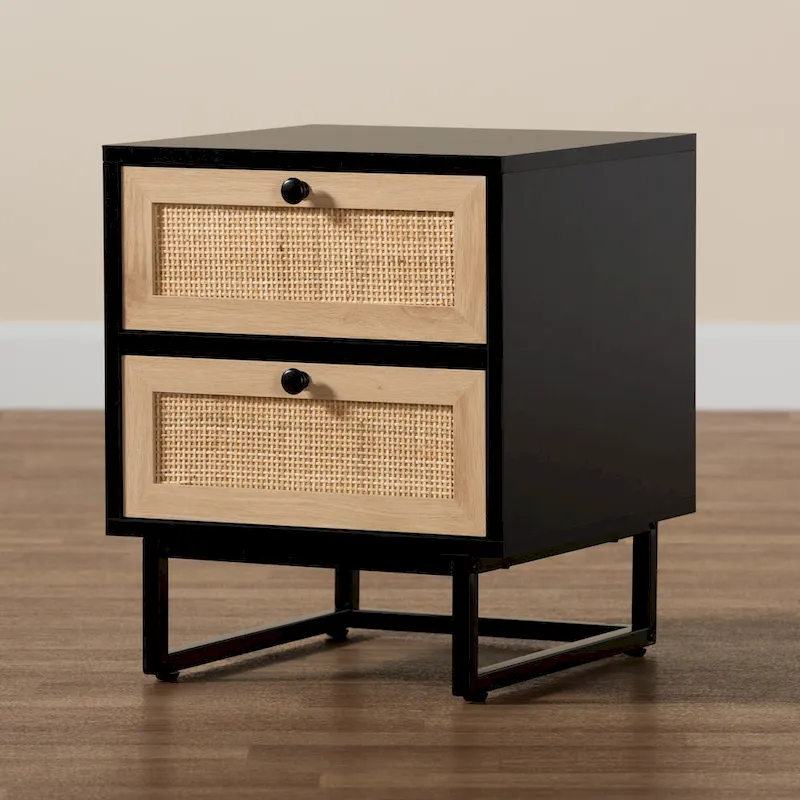 Baxton Studio Declan Mid-Century Modern Espresso Brown Finished Wood and Natural Rattan 2-Drawer End Table