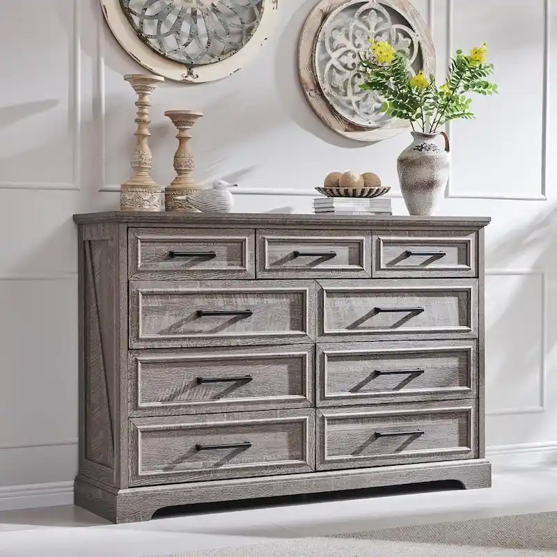 9-Drawer Dresser, Farmhouse, Blue/Grey/Brown/Off White/Black, Engineered Wood