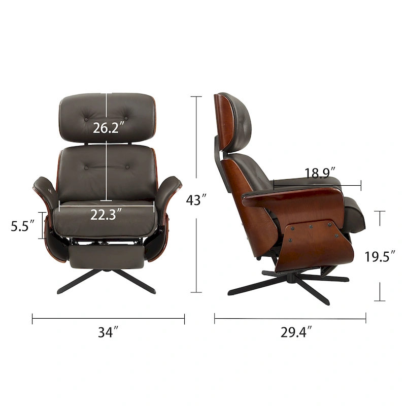 Art Leon Mid-century Modern Genuine Leather Lounge Chair Recliner