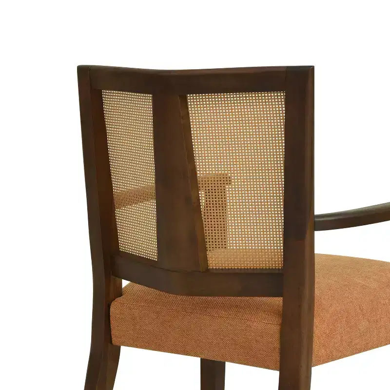 Beige/Dark Brown Upholstered Dining Arm Chairs with Rattan Back, Set of 2