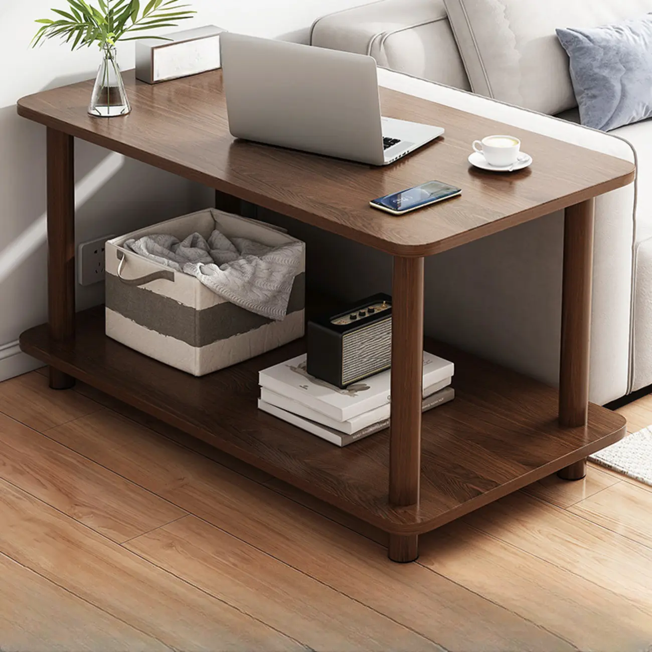 Square White Wood Side Table with Shelf